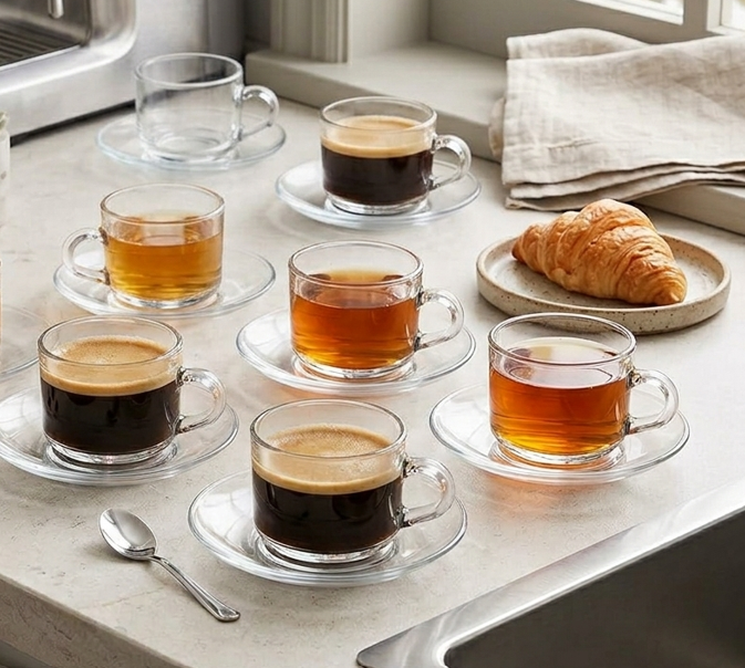 Set de tazas y platos de vidrio para te 12pcs.